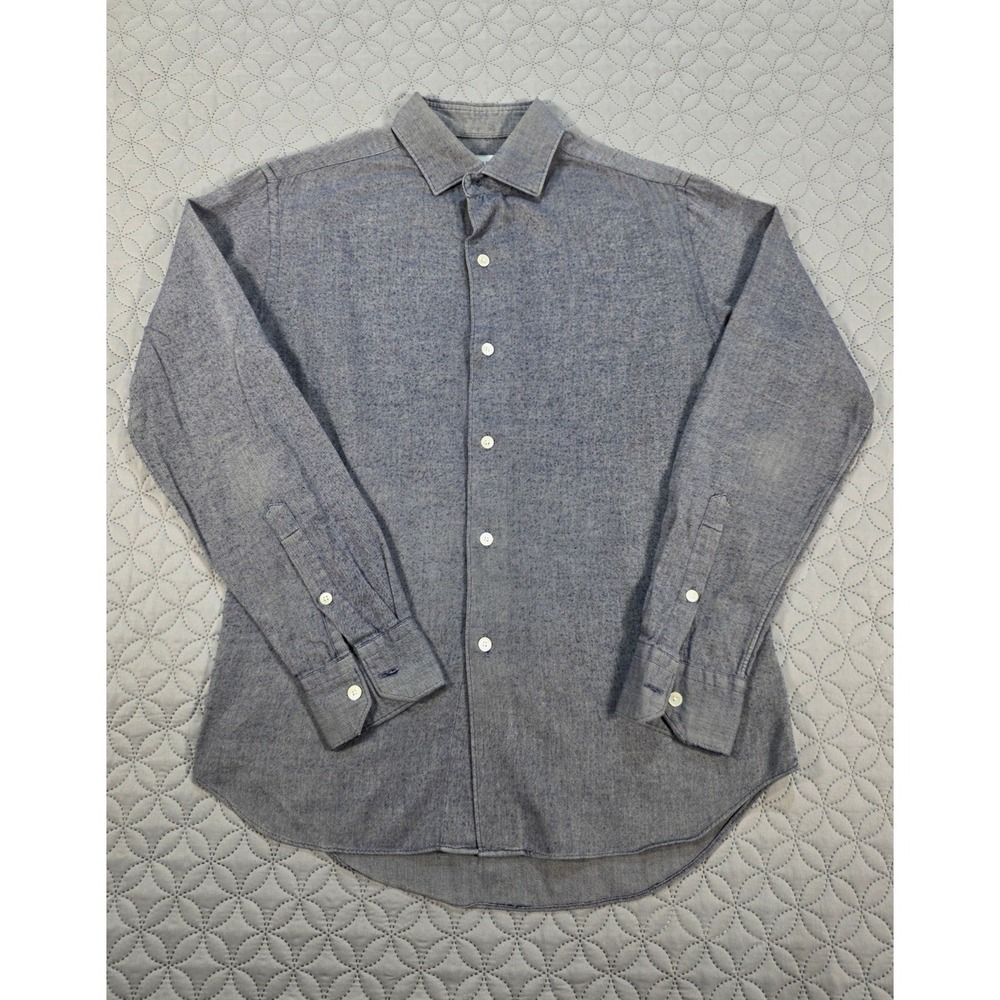 EDIFICE Cotton Cashmere Wool Button Up Shirt Mens Blue Grey Long Sleeve Twill